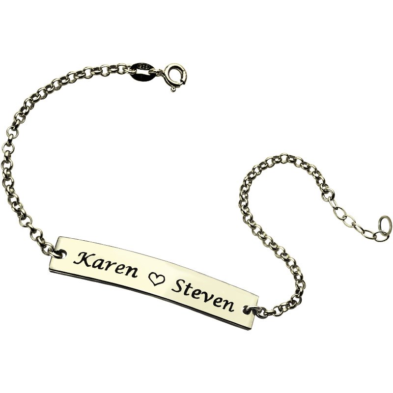 Engraved sterling silver name bar bracelet with heart detail