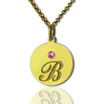 Engraved Initial Birthstone Disc Charm Necklace 18ct Gold Plated