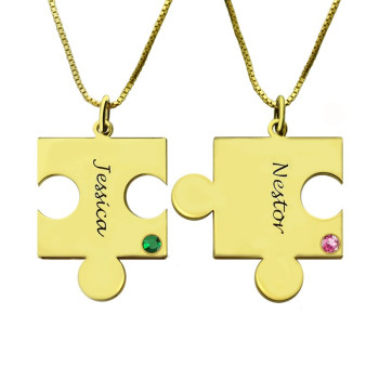 Matching Puzzle Necklace for Couple With Name Birthstone 18ct Gold Plate