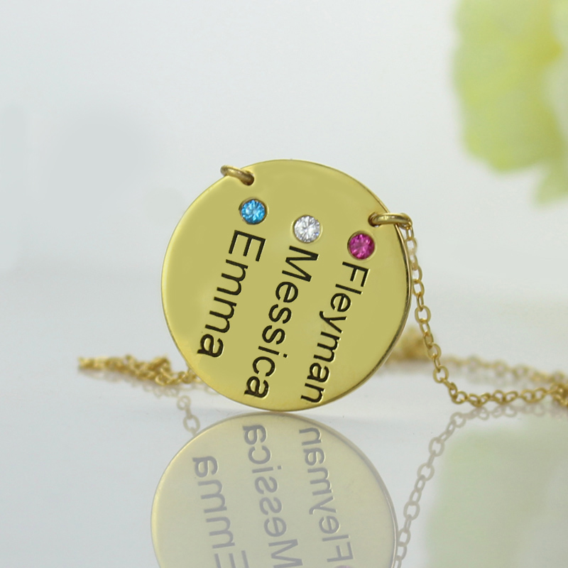 Personalised disc birthstone family names necklace detail