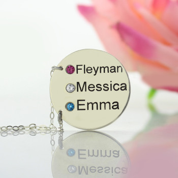 Disc Necklace With Names Birthstones Silver