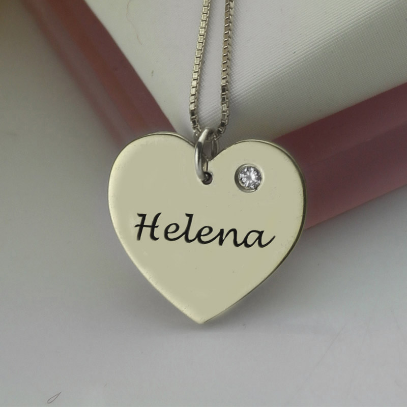 Sterling Silver Heart Name Necklace Product View Sterling silver heart name necklace with optional birthstone, product view