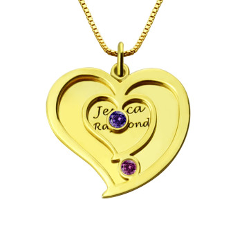 His Her Birthstone Heart Name Necklace 18ct Gold Plated