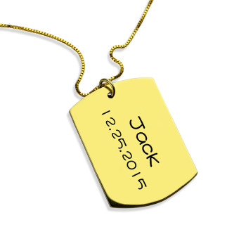 ID Dog Tag Bar Pendant with Name and Birth Date Gold Plated Silver ID Dog Tag Bar Pendant with Name and Birth Date Gold Plated Silver