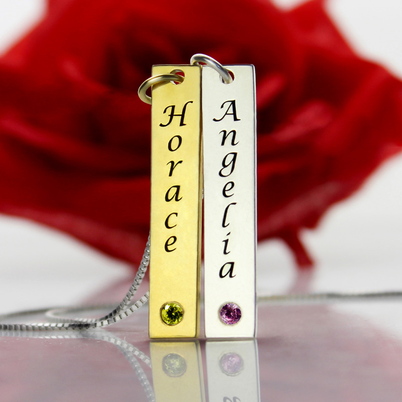 Custom couple name tag necklace with birthstones