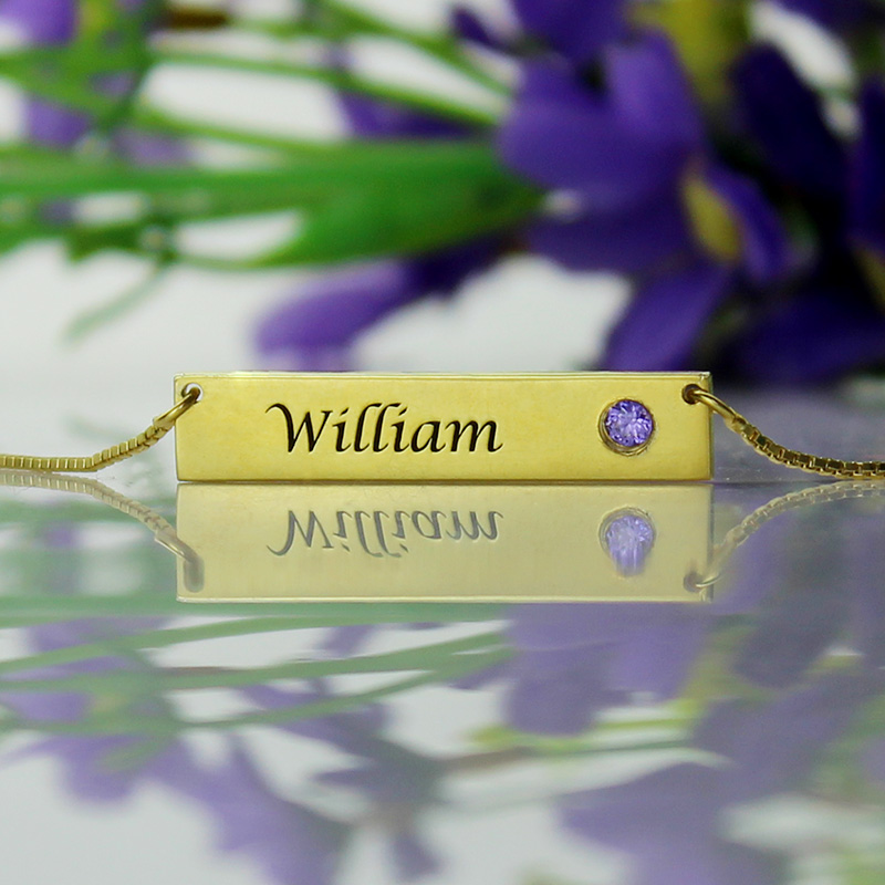 Personalised name bar necklace with an optional birthstone