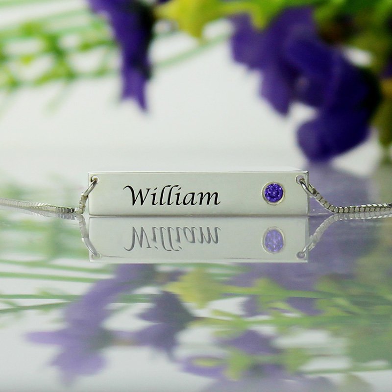 Nameplate bar necklace with birthstone