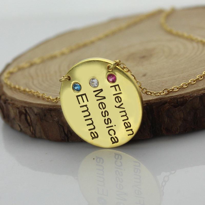 Personalised disc birthstone family names necklace