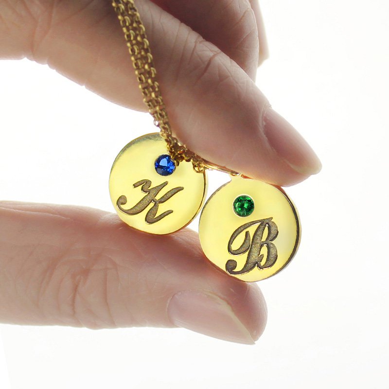 Engraved initial and birthstone disc charm necklace product image