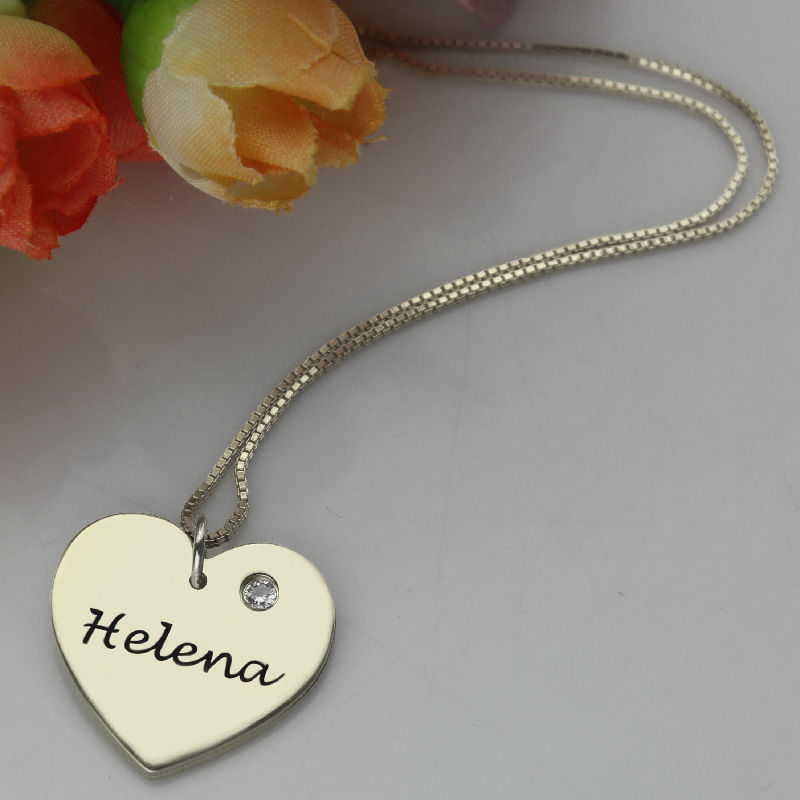 Sterling Silver Heart Name Necklace Product View Sterling silver heart name necklace with optional birthstone, product view