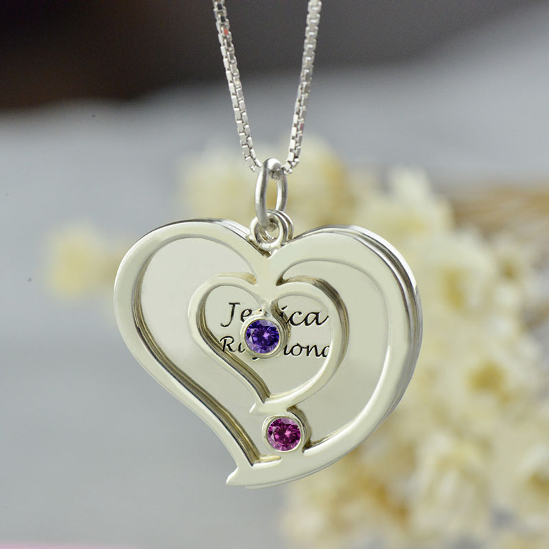 Double-Heart Name Necklace with Birthstones Personalised double-heart name necklace with birthstone detail