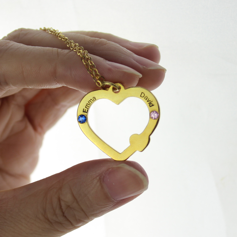 18ct Gold Open Heart Double Name Birthstone Necklace 18ct gold open heart necklace with two names and birthstone