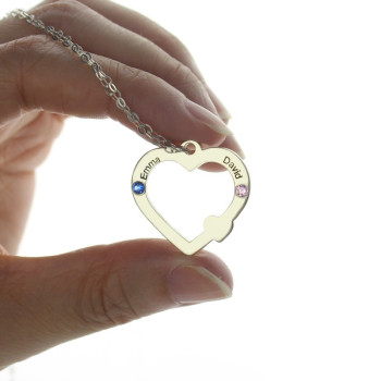 Double Name Open Heart Necklace with Birthstone Sterling Silver Double Name Open Heart Necklace with Birthstone Sterling Silver