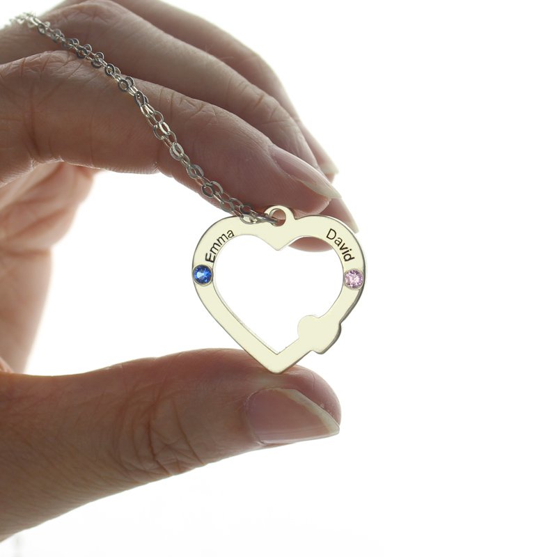 Personalised double name open heart necklace with birthstone