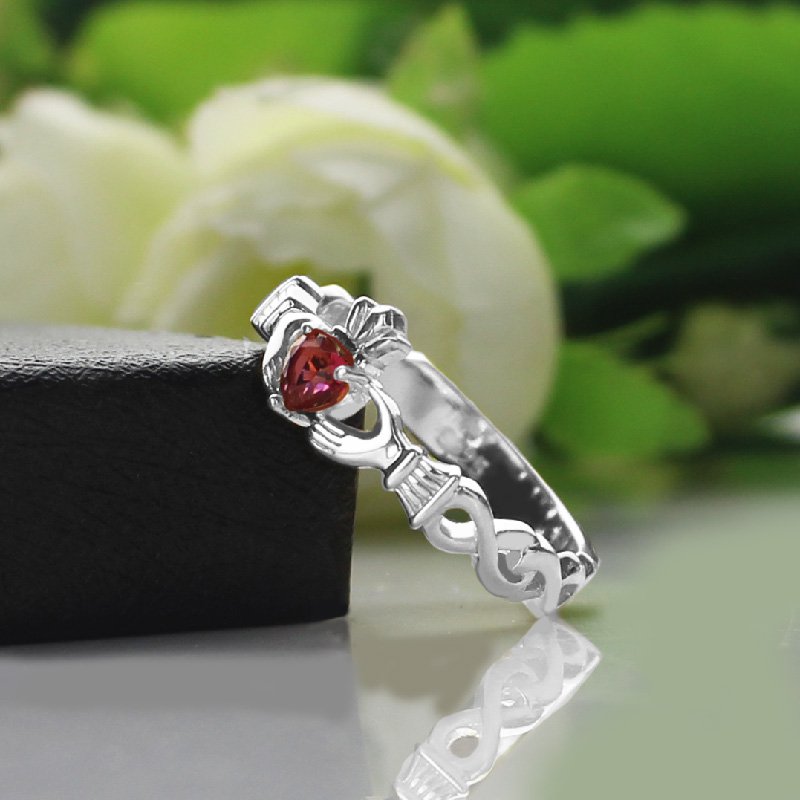 Personalised Claddagh birthstone name ring detail view