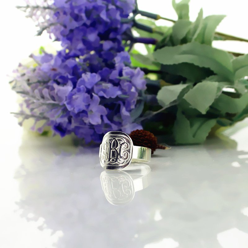 Sterling silver monogram ring detail view
