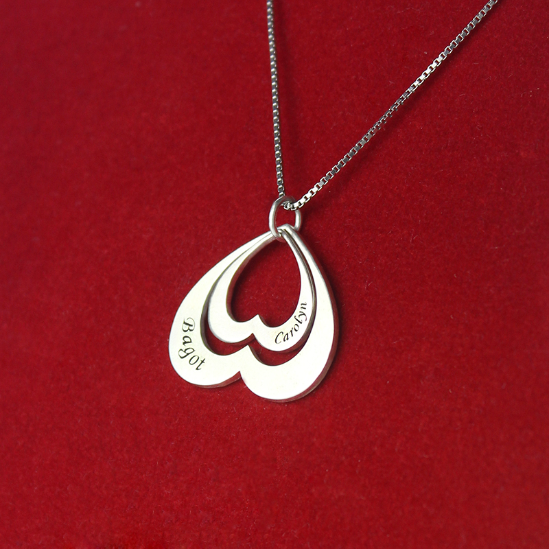 Double heart name pendant necklace for her