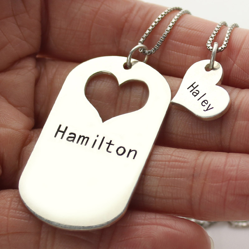 Couples Name Dog Tag Necklace Set Couples name dog tag necklace set with cut-out heart