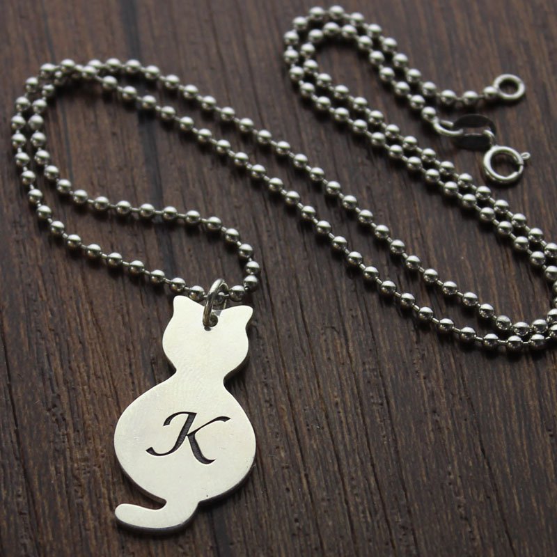 Personalised tiny cat initial pendant necklace, gallery view
