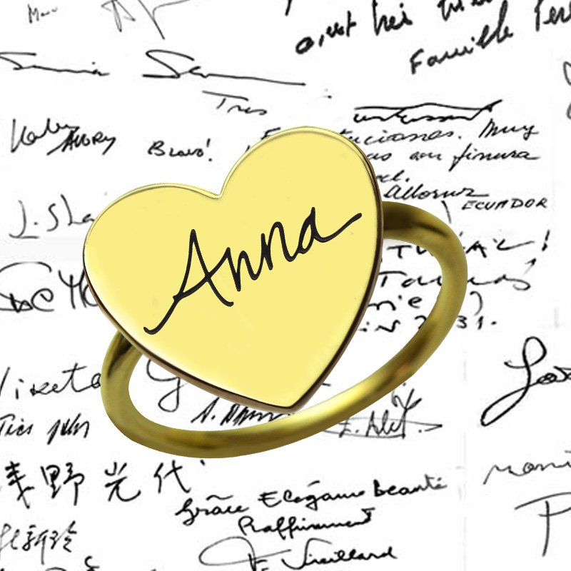 Personalised heart signature signet ring side view