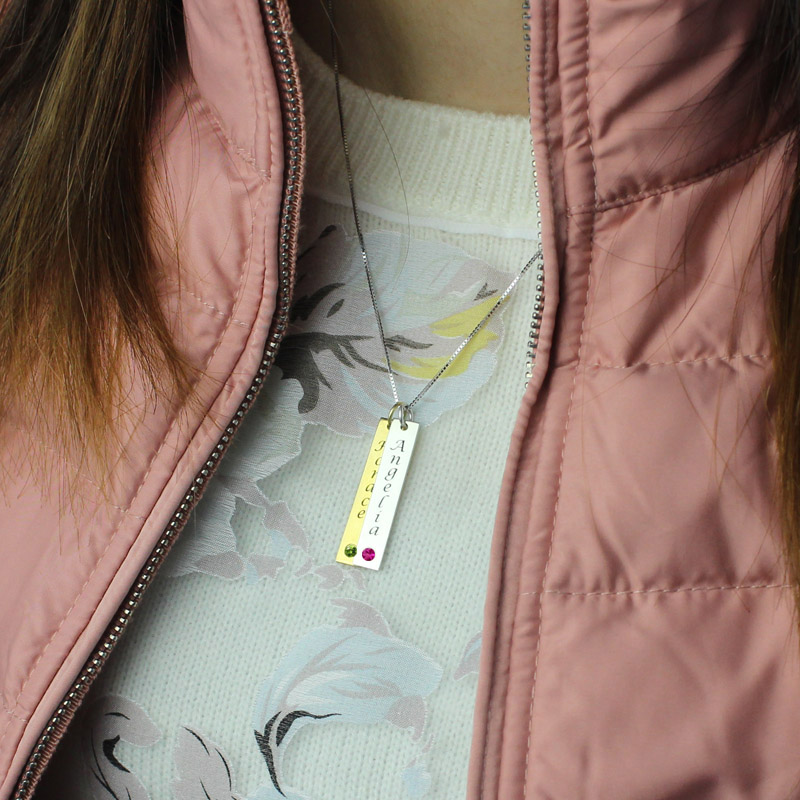 Engraved vertical two-bar birthstone necklace
