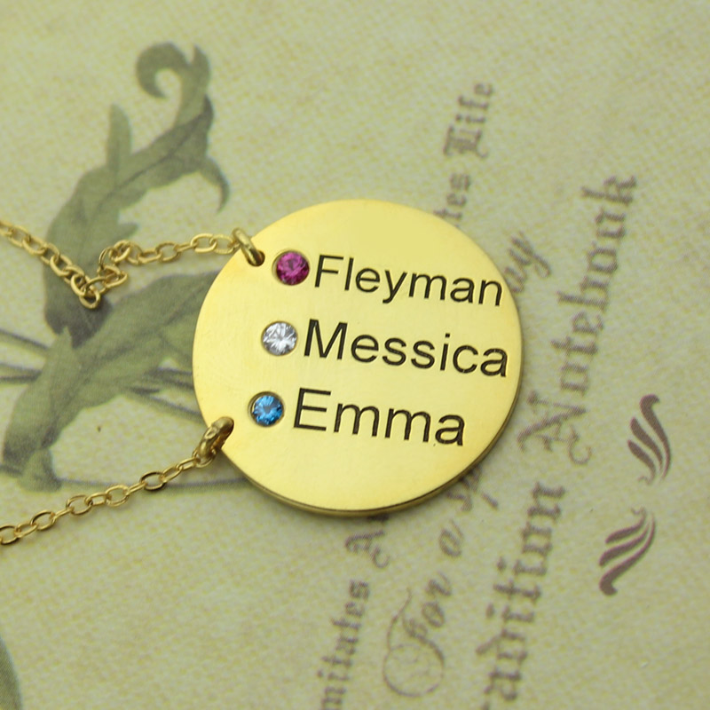 Engraved disc birthstone name necklace