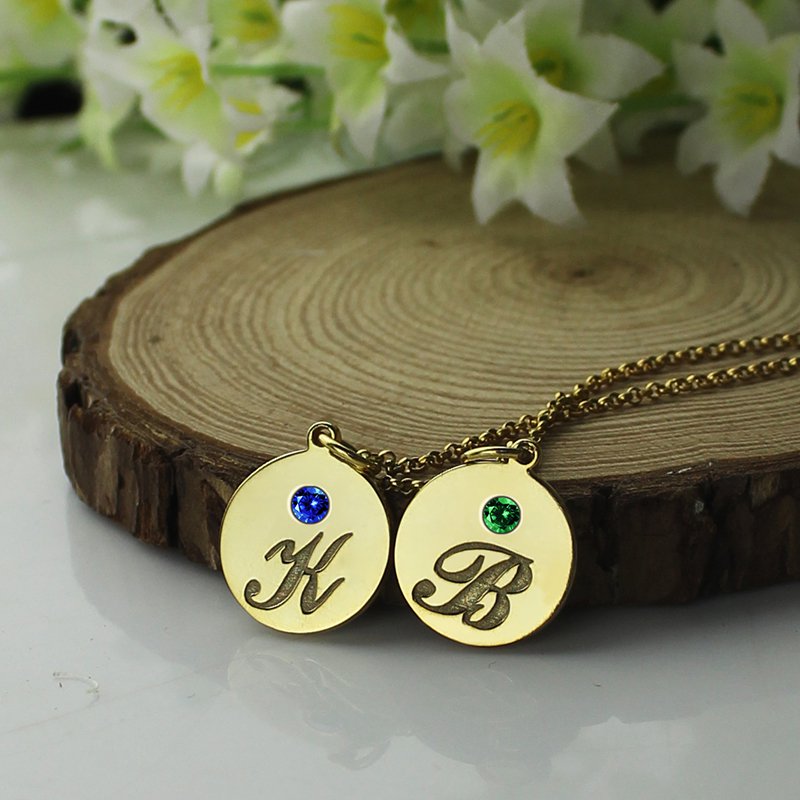 Engraved initial and birthstone disc charm necklace product image