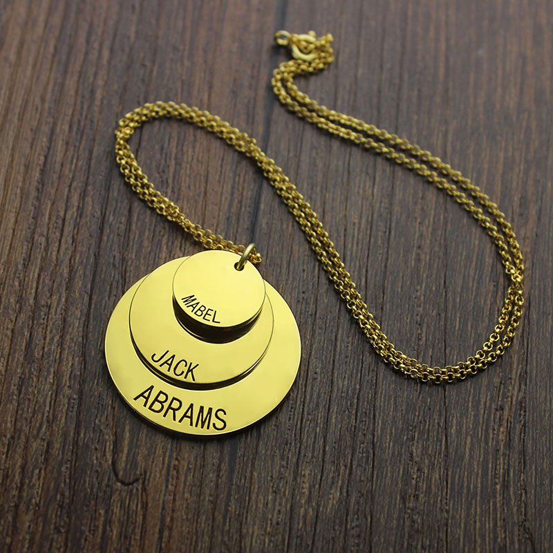 Personalised disc necklace view Personalised three-layer disc necklace engraved with names