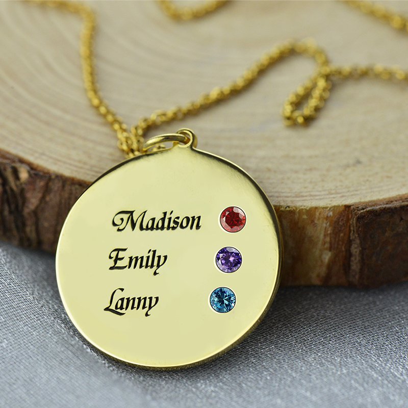 Engraved Birthstone Disc Necklace for Mum Engraved name and birthstone disc necklace for mum
