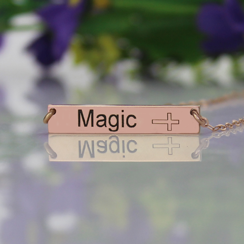 Engraved Name Bar Necklace with Icons Engraved name bar necklace with icons in rose gold plating