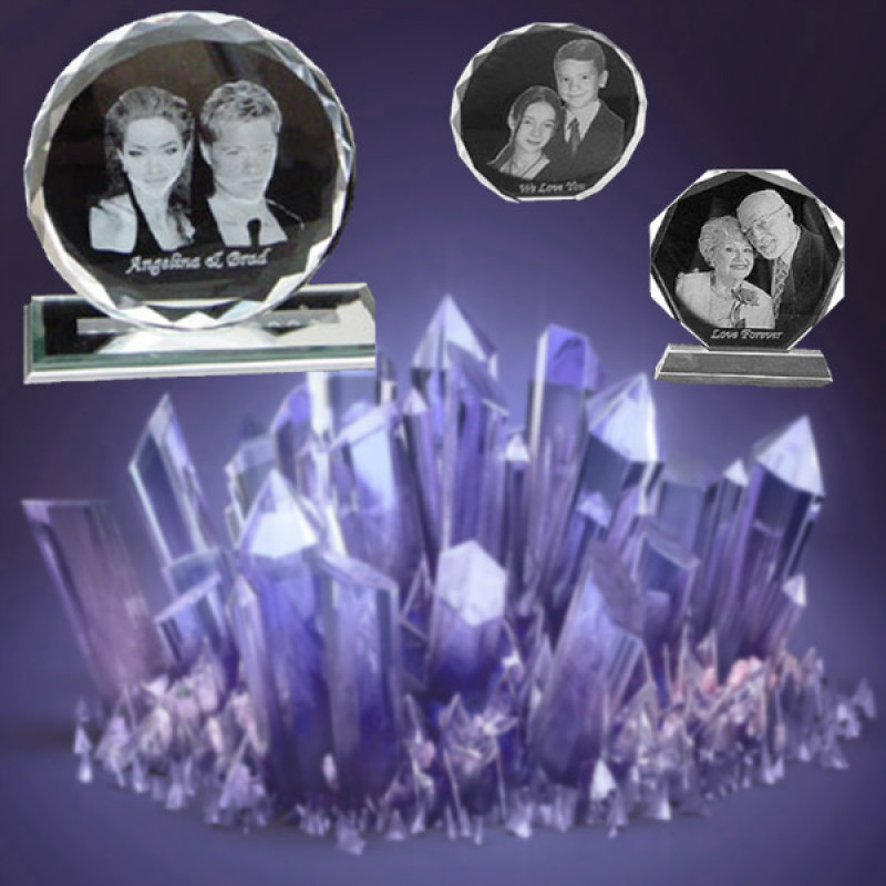 Circle Crystal with Three Photos Circular crystal displaying three engraved photos