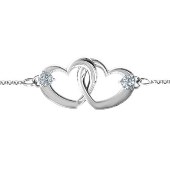 Sterling Silver Interlocking Heart Promise Bracelet with Two Stones Sterling Silver Interlocking Heart Promise Bracelet with Two Stones