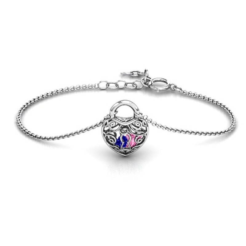 Personalised padlock-style bracelet with filigree detailing and two heart-shaped stones