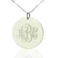 Solid white gold vine font disc engraved monogram necklace