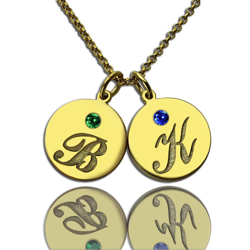 Engraved initial and birthstone disc charm necklace