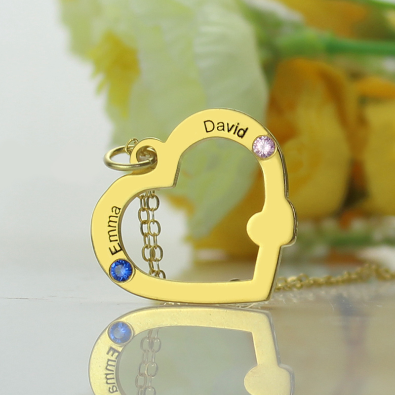 18ct Gold Open Heart Double Name Birthstone Necklace 18ct gold open heart necklace with two names and birthstone