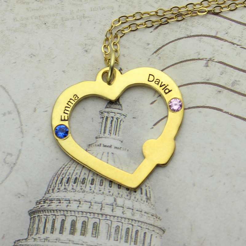 18ct Gold Open Heart Double Name Birthstone Necklace 18ct gold open heart necklace with two names and birthstone