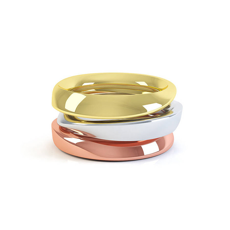 Stacked Eternal Twist Rings shown in three colour finishes