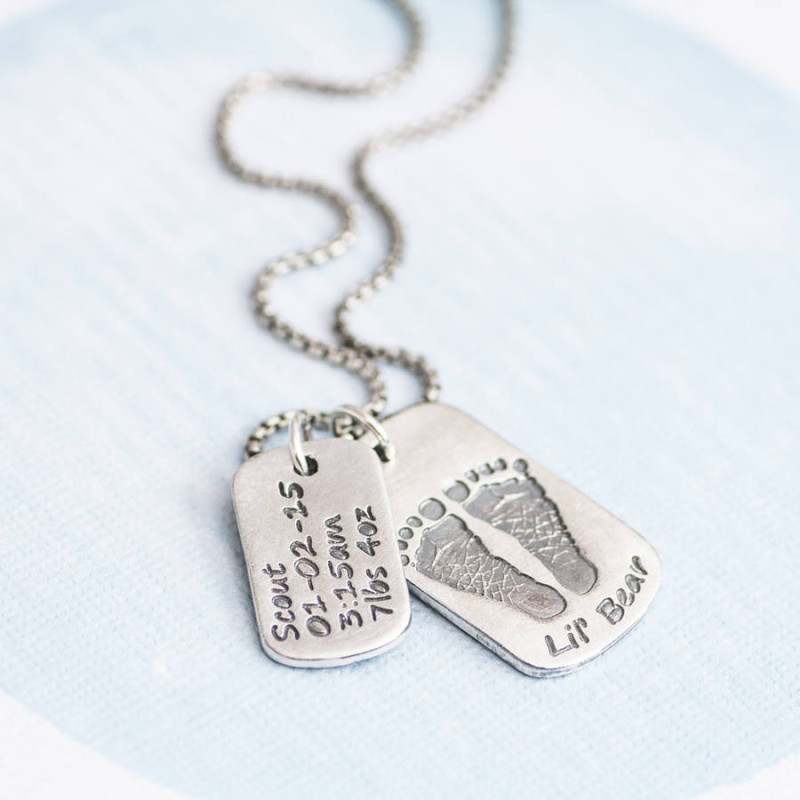 Personalised baby print and birth information dog tag necklace with two pendants