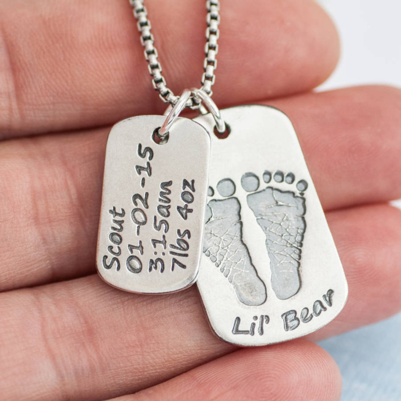 Personalised baby print and birth information dog tag necklace with two pendants