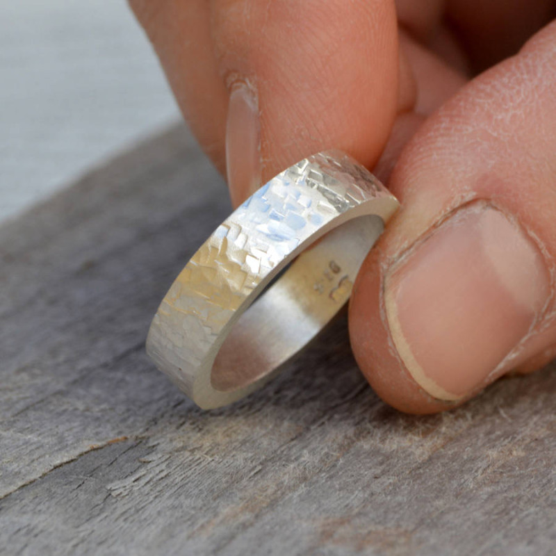 Personalised textured sterling silver wedding band