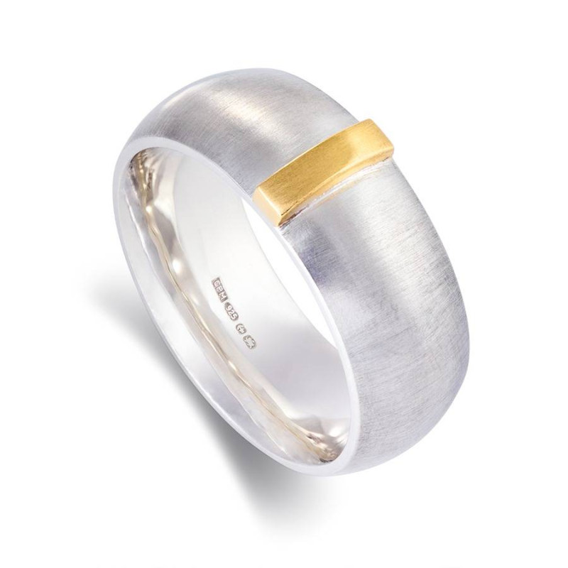 Linear Ring with a wide silver band and raised gold detail