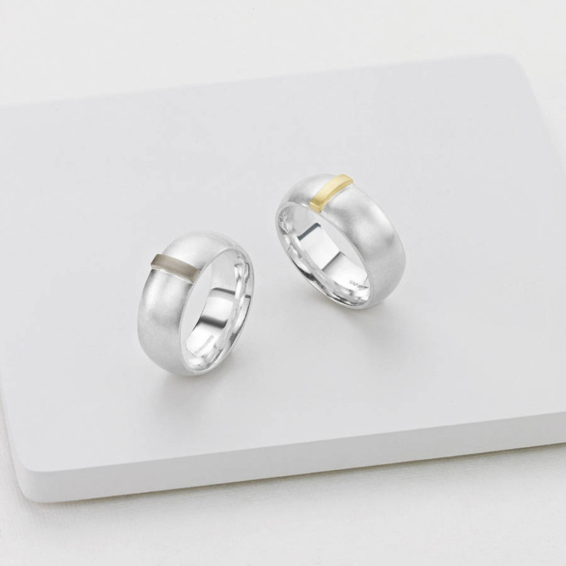 Linear Ring with a wide silver band and raised gold detail