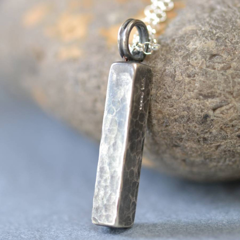 Handmade Blacksmith's hammered block necklace in sterling silver