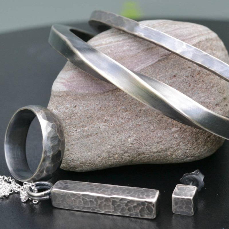 Handmade Blacksmith's hammered block necklace in sterling silver