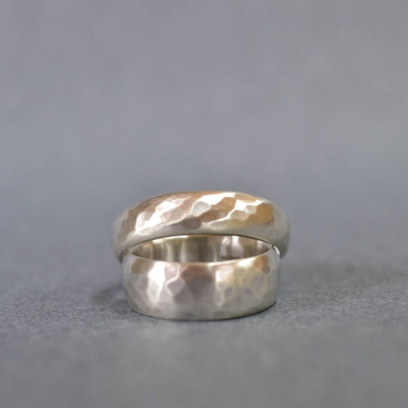Handmade silver wedding ring with hammered finish