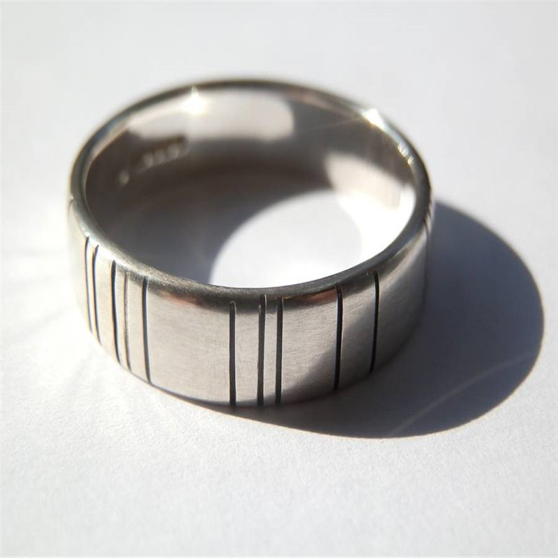Men's silver barcode oxidized ring product view