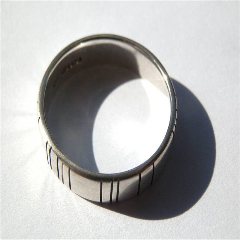 Men's silver barcode oxidized ring product view