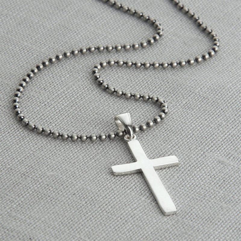 Men's sterling silver cross on an oxidised ball chain