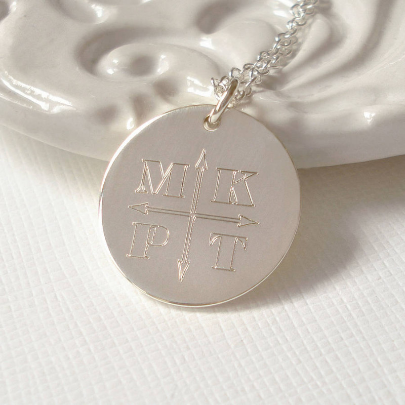 Engraved monogram arrows necklace detail view